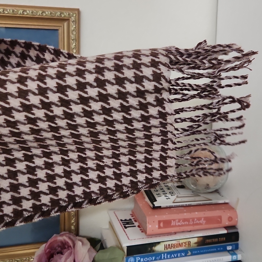 100% Clear Silk Tassel Scarf  Unisex Camel beige Brown Houndstooth Luxury - Picture 7 of 10